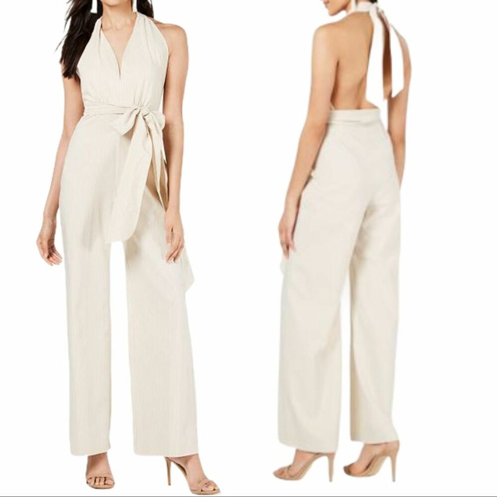 Leyden Beige Stripe Jumpsuit Open Back‎ Halter Large New